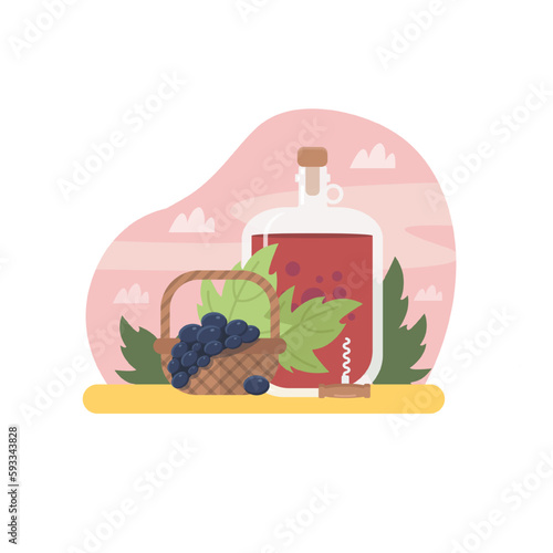 Colored items of homemade wine in jug and organic grapes. Time for making natural wine. Alcohol drinks from natural ingredients. Wine production industry. Vector