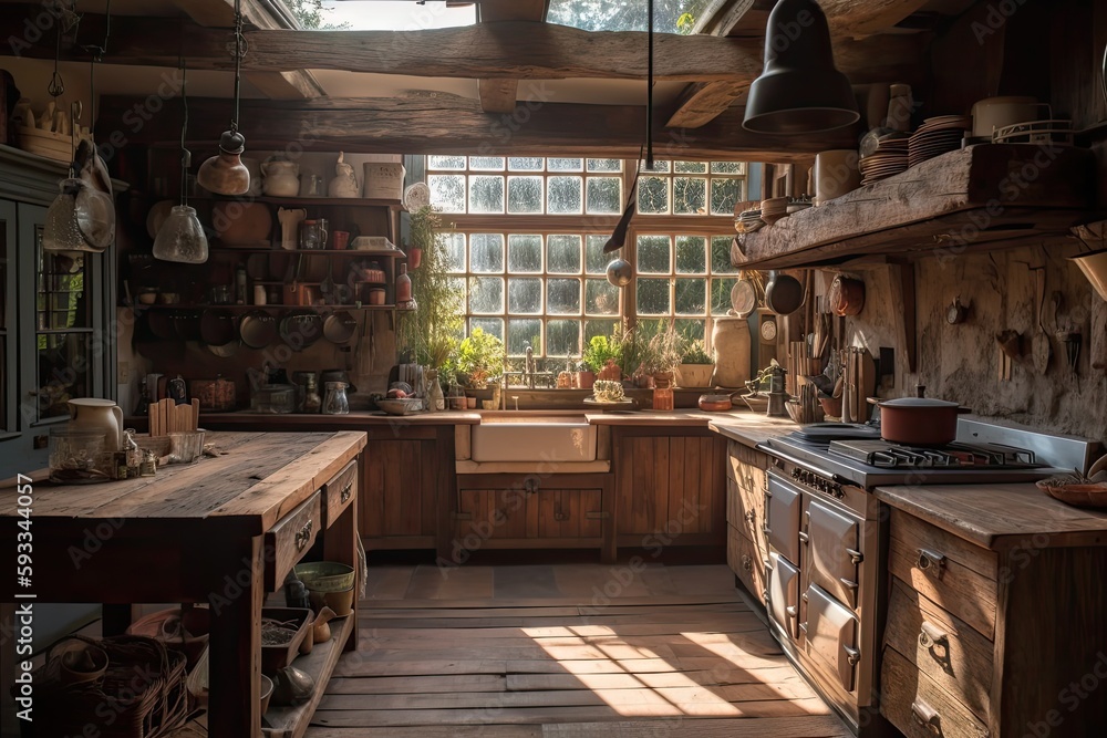 Old kitchen in a country house. vintage decor. Wooden furniture and a large window through which the sun's rays fall. Generative AI.