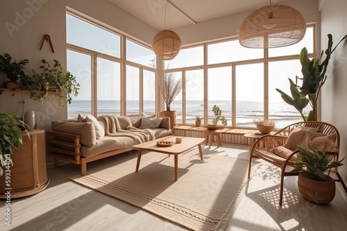 Sunny interior living room with large windows in Boho style. architectural visualization of a modern apartment. Generative AI © Ornavi