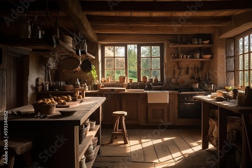 Old kitchen in a country house. vintage decor. Wooden furniture and a window through which the sun's rays fall. Generative AI.