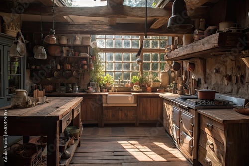 Old kitchen in a country house. vintage decor. Wooden furniture and a large window through which the sun's rays fall. Generative AI. © Ornavi