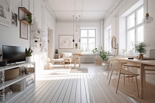 modern bright living room. White walls and wooden furniture in sunny day. Scandinavian style. generative ai