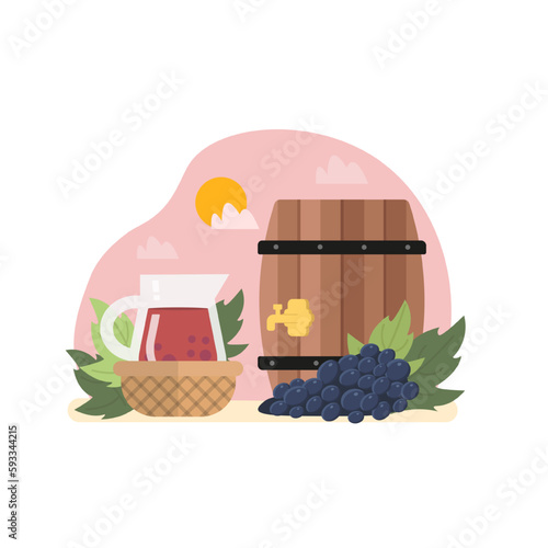 Getting ready for manufacturing organic natural wine. Growing organic grapes to make alcohol drinks. Time for vinification. Tasting homemade wine. Vector