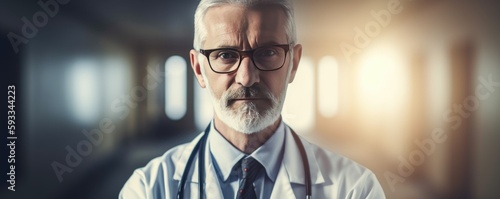 Fictional doctor character. A man in glasses with a stethoscope looking straight ahead.. Generative AI.