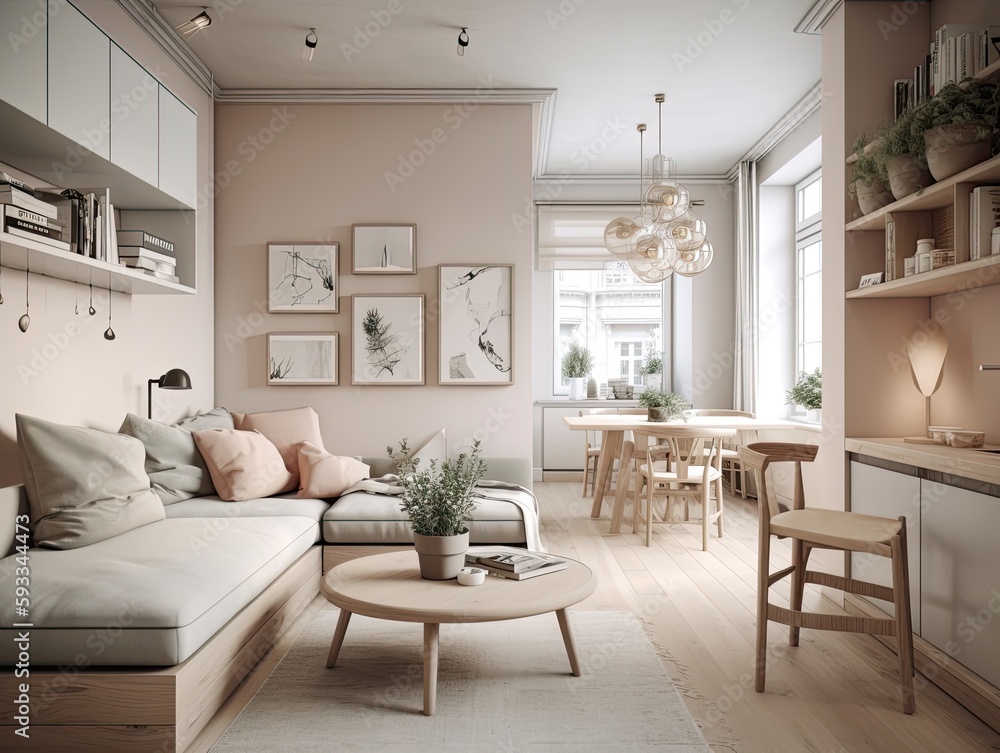 A small studio apartment decorated in a Scandinavian style. Warm pastel white and beige colors are used in the interior. Generative AI