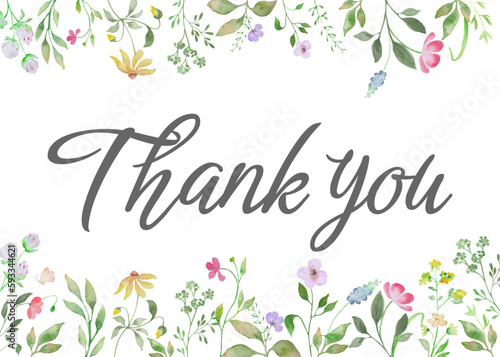 Watercolor floral thank you card with wildflowers. Hand drawing illustration isolated on white background. Vector EPS.