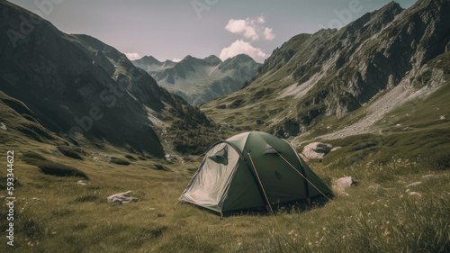 Tent between picturesque mountains, under the open sky. Generative AI