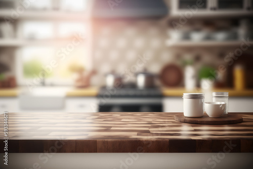 Empty wooden tabletop with blurred kitchen background, Kitchen template Series