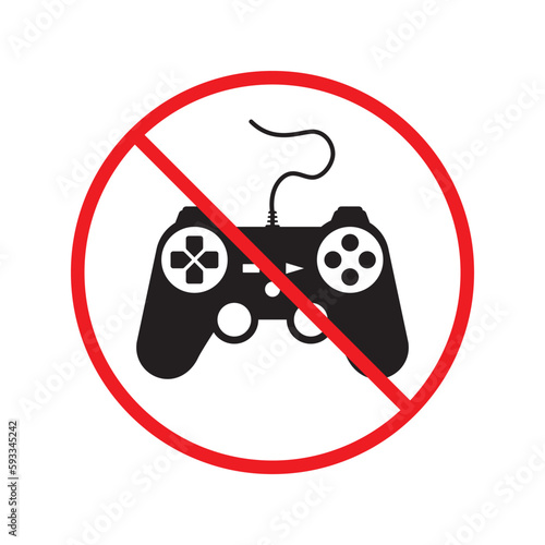 No joystick icon. Forbidden gamepad icon. No gamepad flat sign design. Prohibited gaming vector icon. Warning, caution, attention, restriction, label joystick symbol pictogram. Do not play games icon