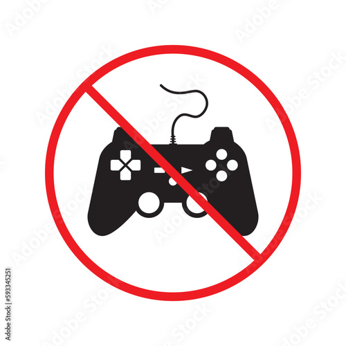 No joystick icon. Forbidden gamepad icon. No gamepad flat sign design. Prohibited gaming vector icon. Warning, caution, attention, restriction, label joystick symbol pictogram. Do not play games icon