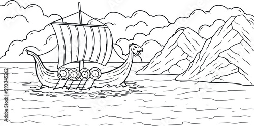 Viking boat at sea. Nordic Drakkar, Swedish warship. Longship with oars. Cartoon scandinavian sailboat for coloring book