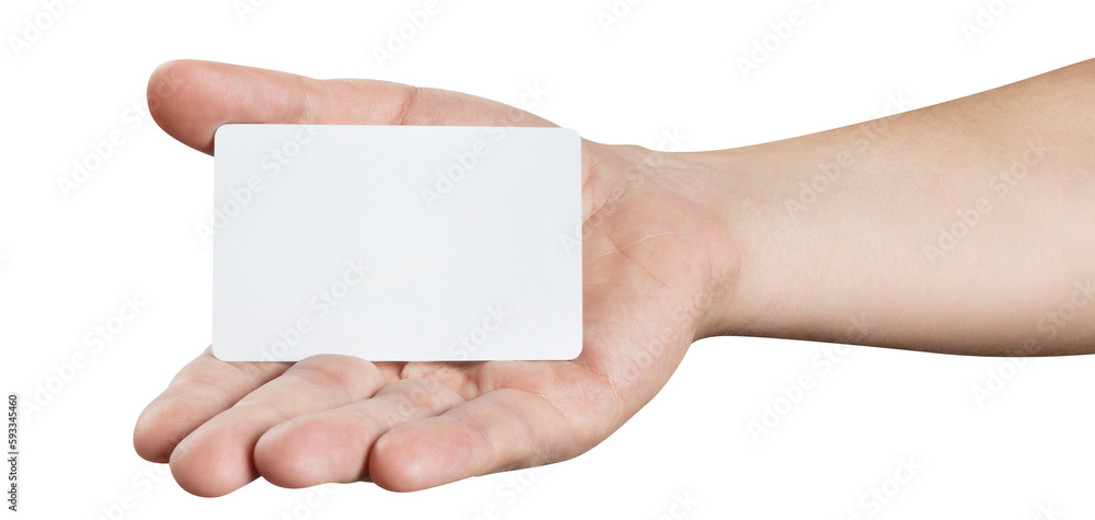 Obraz premium Male hand holding a blank card or a ticket/flyer, cut out
