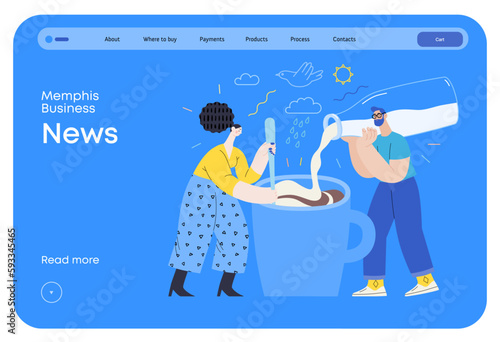 Memphis business illustration. News -modern flat vector concept illustration of people preparing coffee with milk. Corporate business morning news metaphor.
