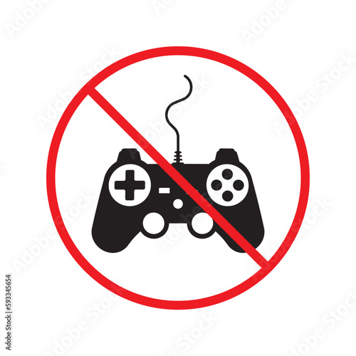 No joystick icon. Forbidden gamepad icon. No gamepad flat sign design. Prohibited gaming vector icon. Warning, caution, attention, restriction, label joystick symbol pictogram. Do not play games icon