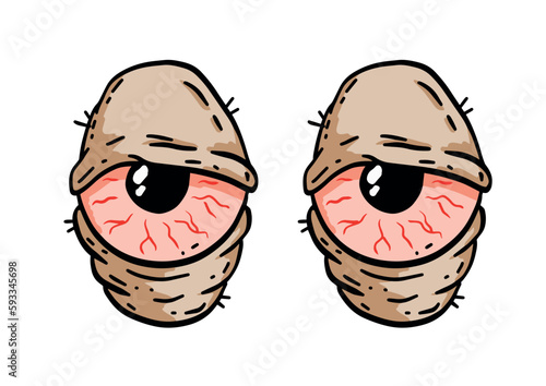 Red hand-drawn eyes. Problem of insomnia. Sleep disorder with capillaries and pupils. Comic drawing. Fatigue and stress. Conjunctivitis infection. Blood eyeballs. Sick illness look