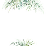 Watercolor floral frame with green eucalyptus leaves.