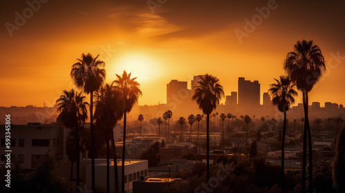 Sunset over Downtown City Skyline with Palm Trees - Capturing Golden Light and Dramatic Atmospheric Perspective