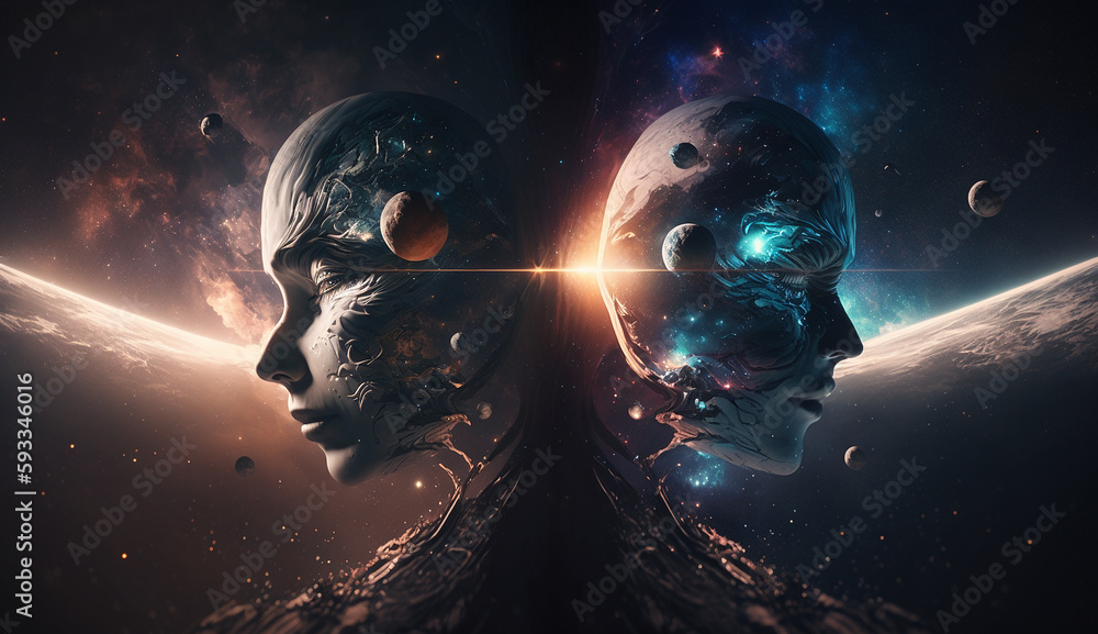 Obraz premium AI Generated Two entities communicating between the astral planes of the multiverse's star systems and planets