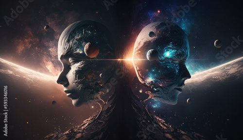 AI Generated Two entities communicating between the astral planes of the multiverse's star systems and planets © Biplob