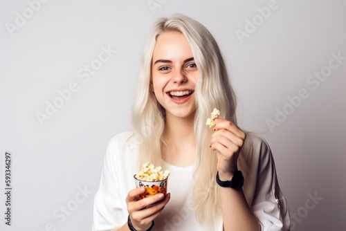 Portrait of a beautiful young woman eating popcorn and smiling on a gray background. Generative AI