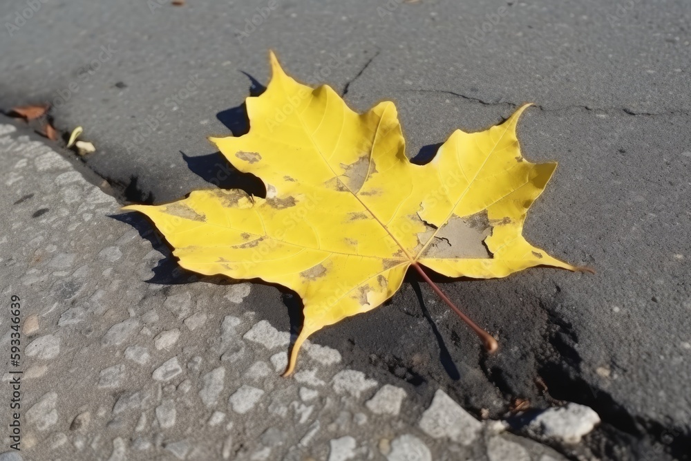 Top view image of yellow maple leaves on a surface composed of broken concrete. Generative AI Top view image of yellow maple leaves on a surface composed of broken concrete. Generative AI