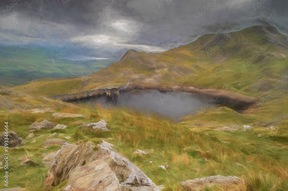 Digital painting of Stwlan Dam and the Moelwyn mountains.