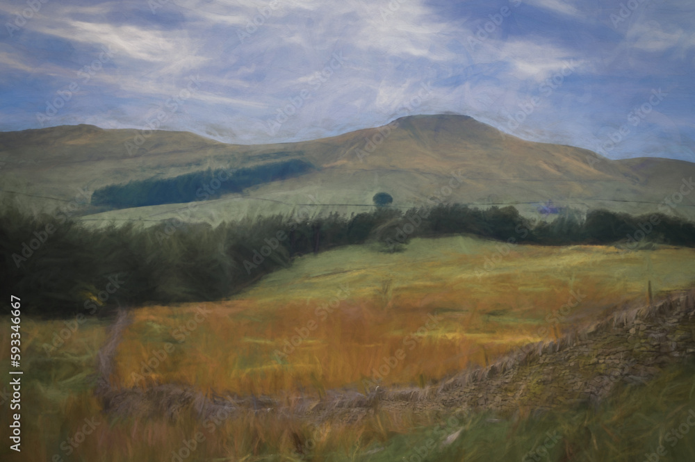 Digital painting of a dry stone wall cuts through the vista of green trees, fields and hills in the Peak District National park.