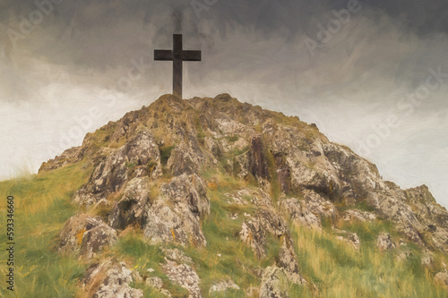 Digital painting of the cross on Llanddwyn island on Anglesey, Wales.