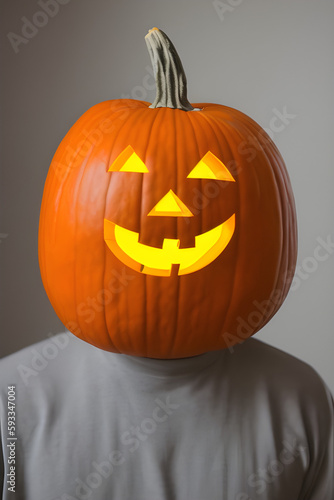 Man with pumpkin instead of head. concept of halloween festivity, generative ai © Alena Vilgelm