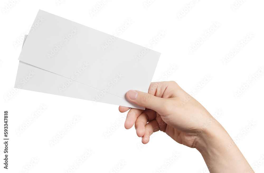 Male hand holding two blank sheets of paper (tickets, flyers, invitations, coupons, banknotes, etc.), cut out Male hand holding two blank sheets of paper (tickets, flyers, invitations, coupons, banknotes, etc.), cut out