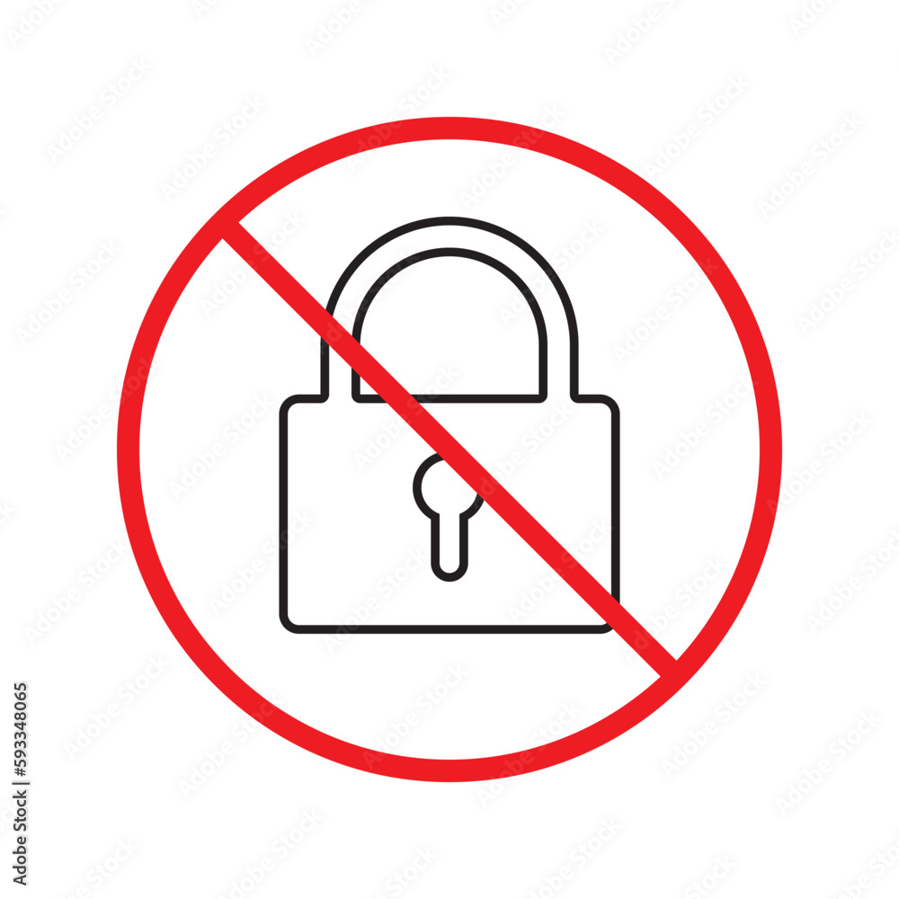 Forbidden lock vector icon. Warning, caution, attention, restriction, label. Private lock icon. Locker vector icon. Lock flat sign design. EPS 10 pictogram symbol. No padlock icon Forbidden lock vector icon. Warning, caution, attention, restriction, label. Private lock icon. Locker vector icon. Lock flat sign design. EPS 10 pictogram symbol. No padlock icon