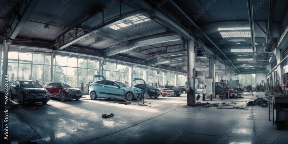 Fototapeta premium Car service centre, auto repair workshop, blurred panorama - generative ai