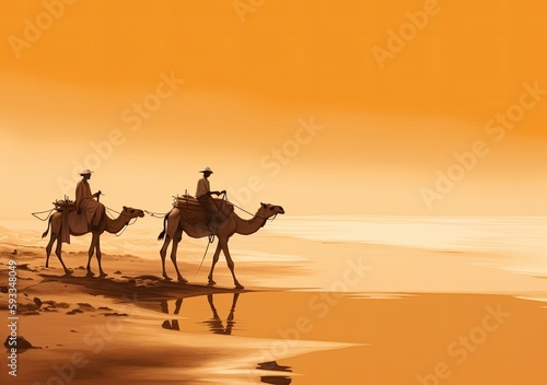 Silhouettes of camel caravan in the Sahara desert at sunset - generative ai