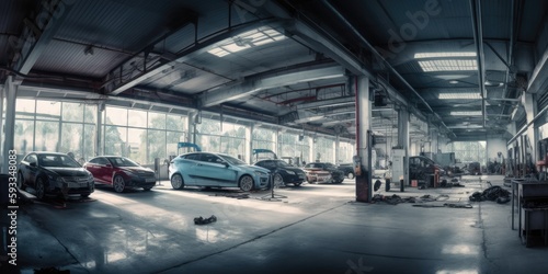 Car service centre, auto repair workshop, blurred panorama - generative ai