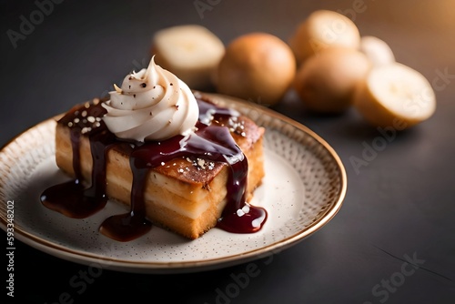 Cake with chocolate sauce  and cream on top