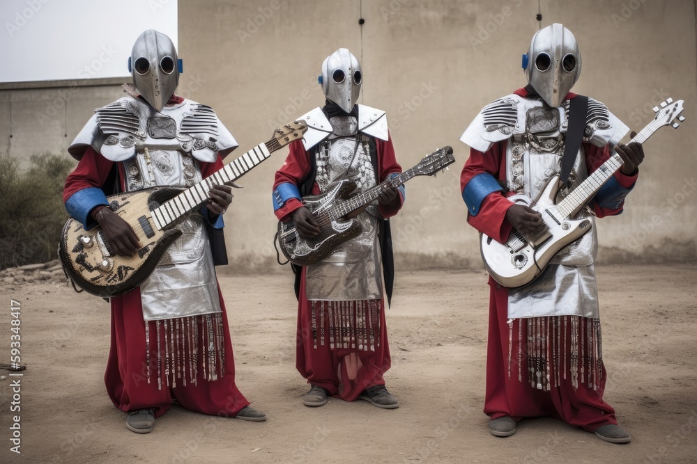 Naklejka premium Cyberpunk Gnawa, traditional Moroccan musicians, abstract futuristic outfit - generative ai