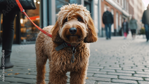 Adorable labradoodle dog on walk