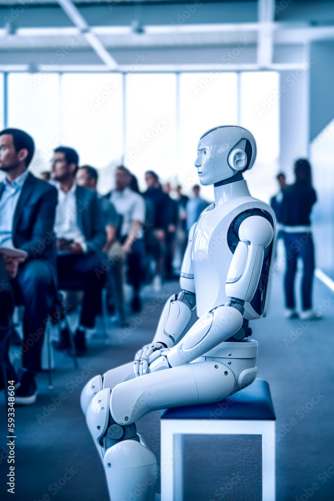 A man and an artificial intelligence robot sit and wait for a job interview. Copy space. Generative IA. 6