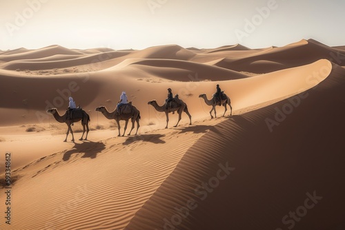 Camel caravan with people going through the sand dunes in the Sahara Desert - generative ai