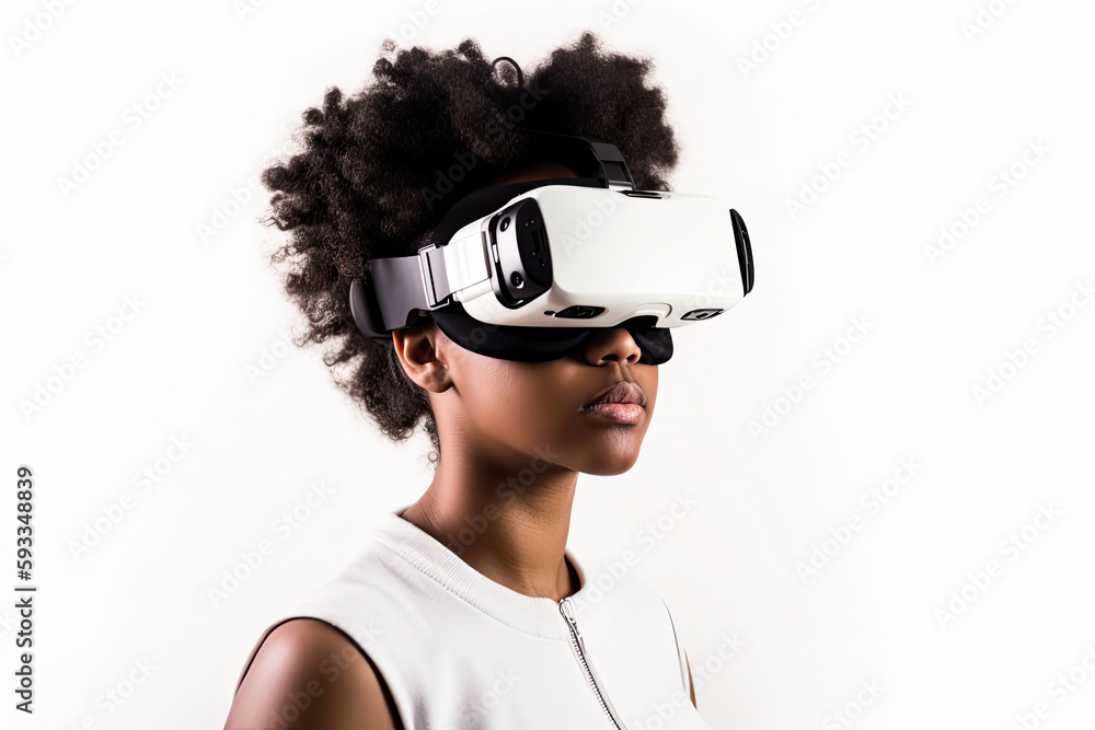 Woman using virtual reality headset. VR gadgets, , education online or game concept. Generative AI Woman using virtual reality headset. VR gadgets, , education online or game concept. Generative AI