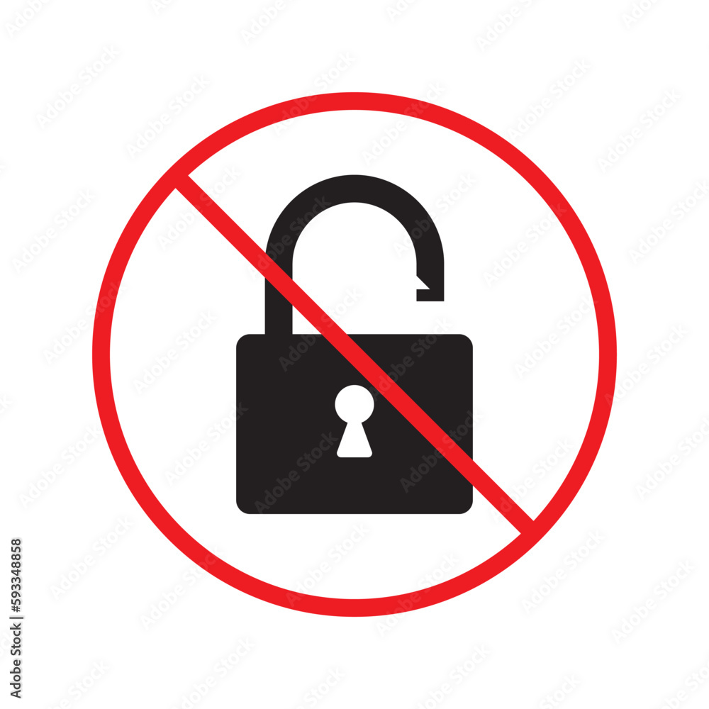 Forbidden lock vector icon. Warning, caution, attention, restriction, label. Private lock icon. Locker vector icon. Lock flat sign design. EPS 10 pictogram symbol. No padlock icon Forbidden lock vector icon. Warning, caution, attention, restriction, label. Private lock icon. Locker vector icon. Lock flat sign design. EPS 10 pictogram symbol. No padlock icon