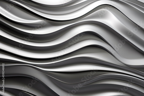 Glossy silver wavy texture. Glowing wallpaper with abstract shapes. Background with curvy shapes. Generative AI