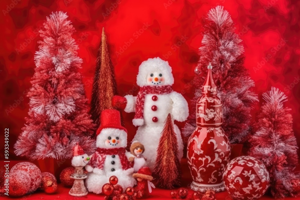 With an adorable toy snowman, spruce trees, tinsel, and a candlestick on a red backdrop. Generative AI