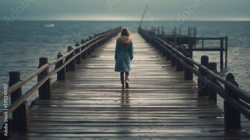 Girl walks across pier in the rain. Generative AI
