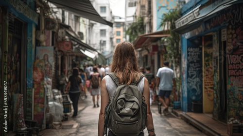 Blonydnka, traveler tours Asia. Camera on her back. Generative AI