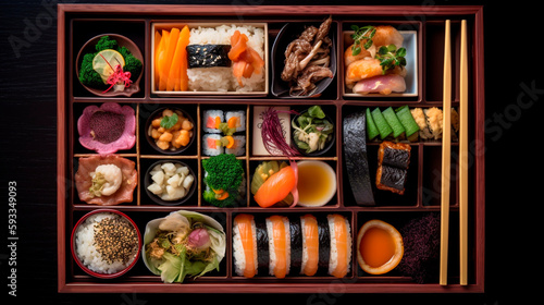 of an assortment of Japanese food, studio photo 

