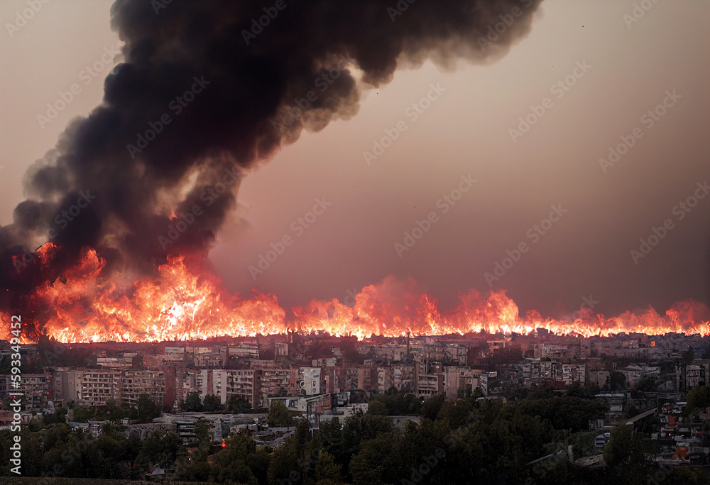 burning buildings in the city during the war, generative AI