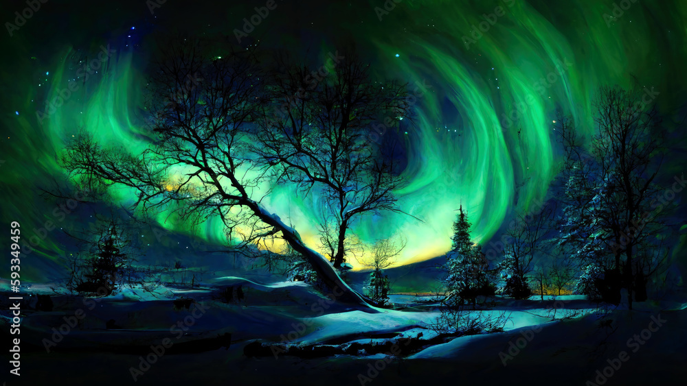 winter landscape with polar aurora. generative ai.