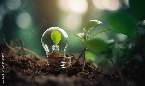  a light bulb with a green leaf inside of it sitting on the ground next to some dirt and a plant with leaves growing out of it. generative ai
