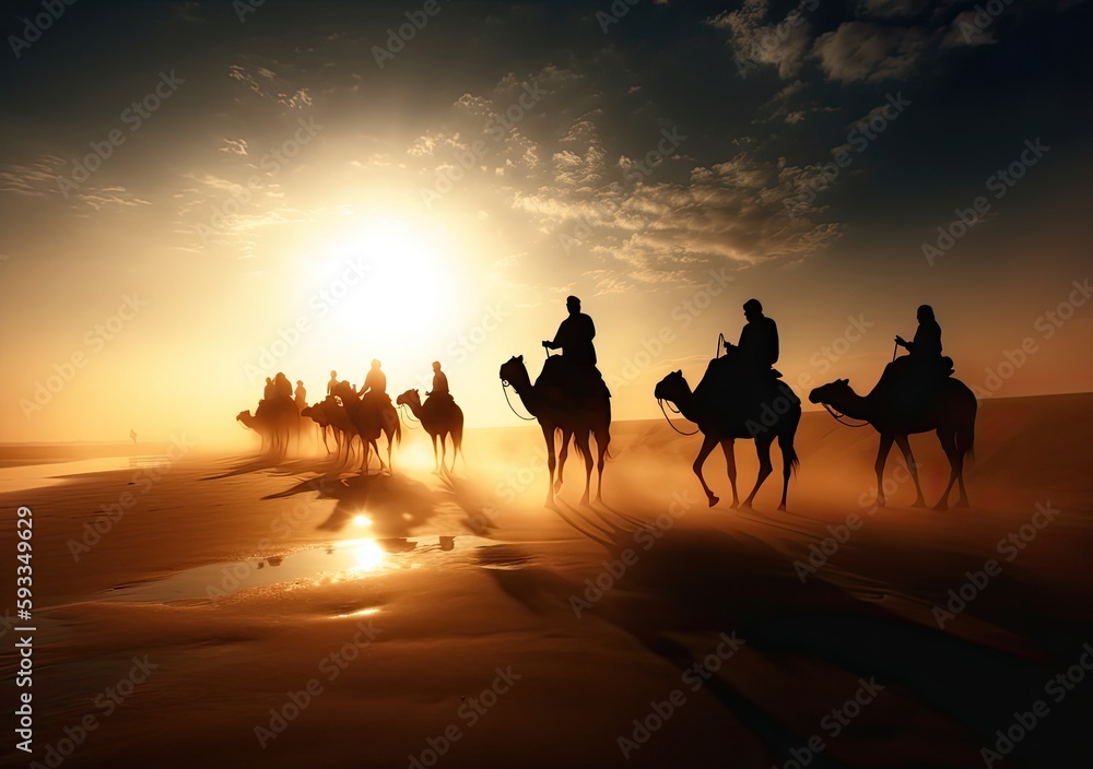 Camel caravan in the Sahara desert - generative ai Camel caravan in the Sahara desert - generative ai